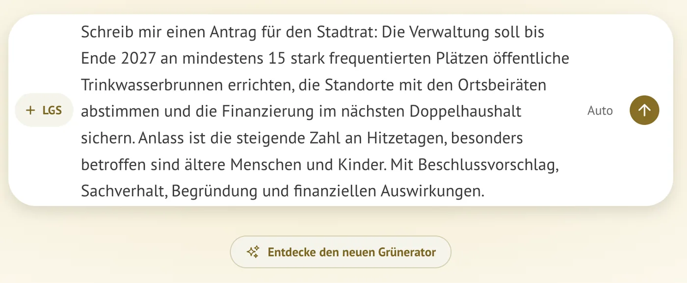 Der Antrags-Auftrag im Eingabefeld des Grünerators, noch nicht abgeschickt