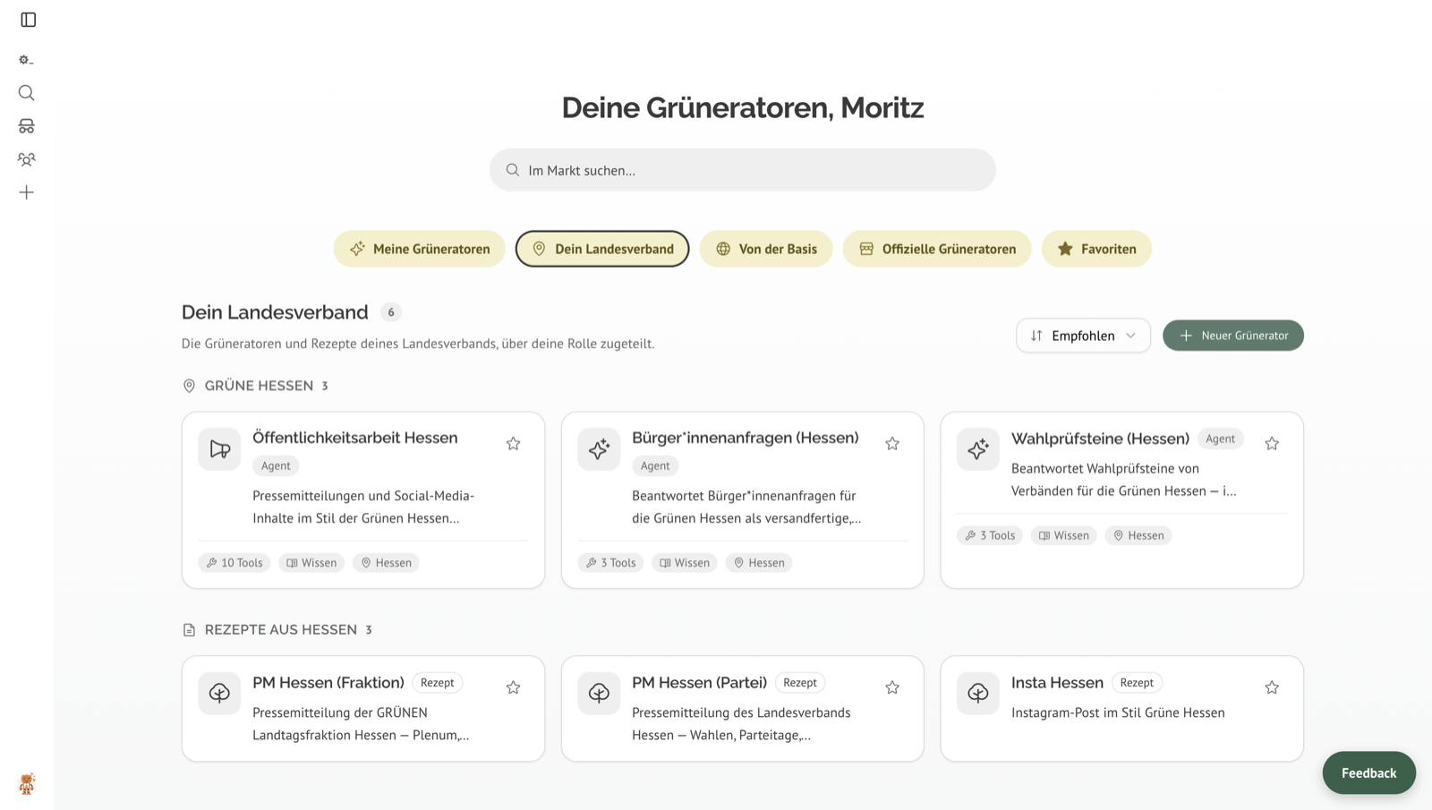 Die Agentura mit ausgewähltem Regal „Dein Landesverband“: der Abschnitt „Grüne Hessen“ mit den drei Grüneratoren Öffentlichkeitsarbeit, Bürger*innenanfragen und Wahlprüfsteine, darunter der Abschnitt „Rezepte aus Hessen“ mit PM Hessen (Fraktion), PM Hessen (Partei) und Insta Hessen.