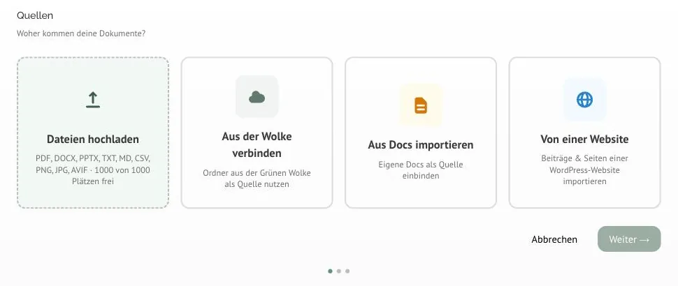 Der erste Schritt des Notebook-Editors mit den vier Quell-Kacheln: Dateien hochladen, Aus der Wolke verbinden, Aus Docs importieren, Von einer Website