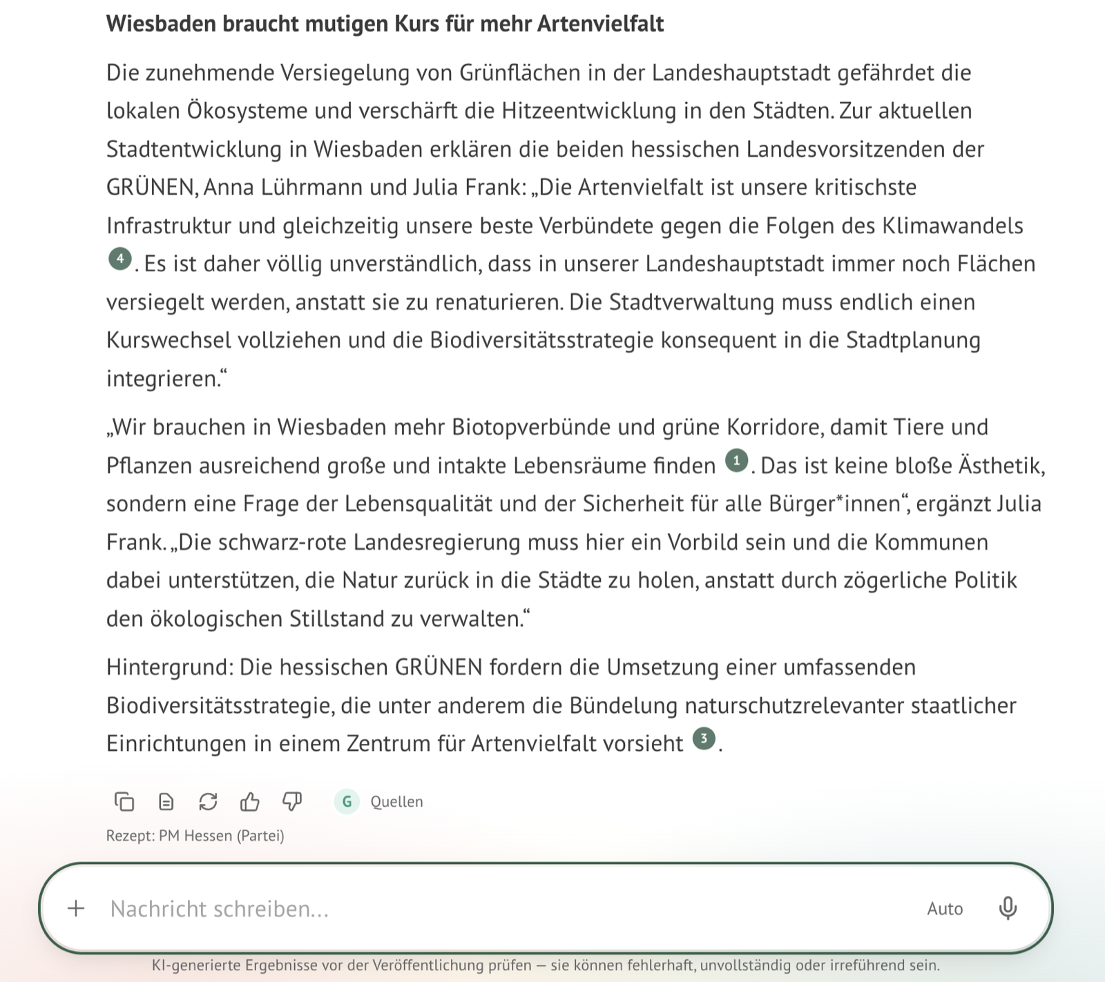 Eine fertige Pressemitteilung „Wiesbaden braucht mutigen Kurs für mehr Artenvielfalt“ mit Zitaten der Landesvorsitzenden und nummerierten Quellenhinweisen; unter den Antwort-Schaltflächen die Zeile „Rezept: PM Hessen (Partei)“.